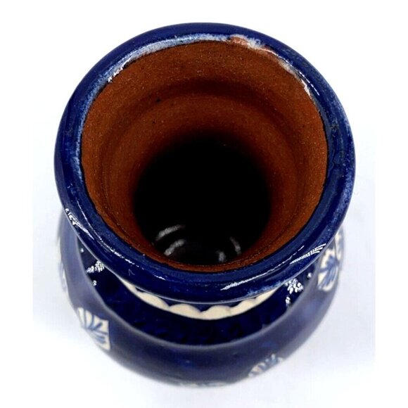 Redware Vase Mexican Blue & White Pottery Hand Painted 5" Vtg - Picture 5 of 6